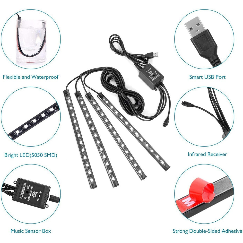 Neon 48 OR 72 LED Car Interior Ambient Foot Light with USB Wireless Remote With App Control